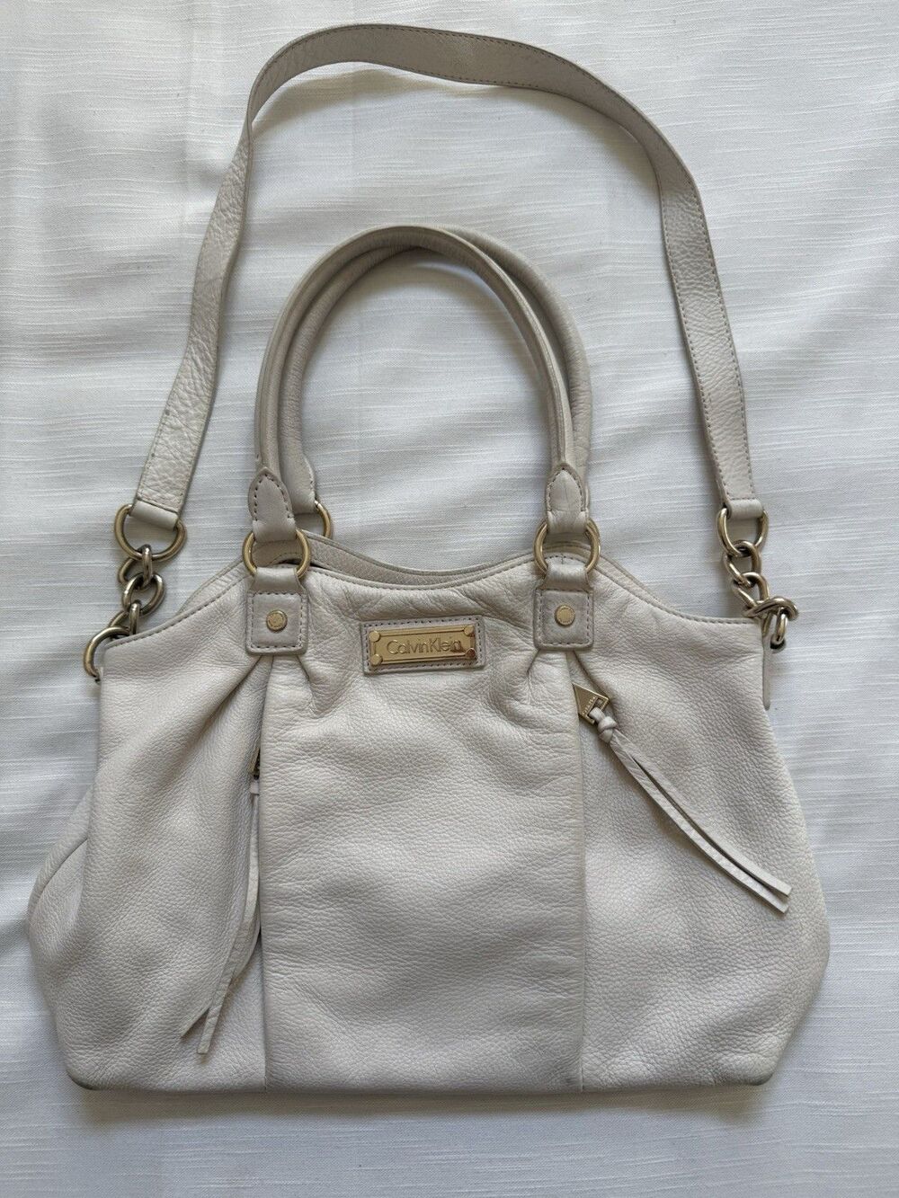Calvin Klein Ivory Leather Double Strap Satchel Shoulder Handbag